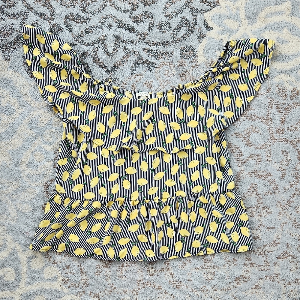 Lily White Off Shoulder Lemon Print Blouse Yellow Black Large